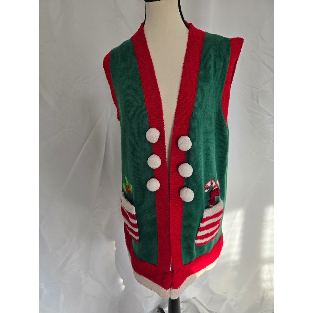 Holiday Time Women XL Green Red Elf Ugly Christmas Sweater Vest Pockets Pom Poms